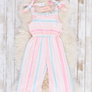 Little Girls Coral & Blue Striped Jumpsuit